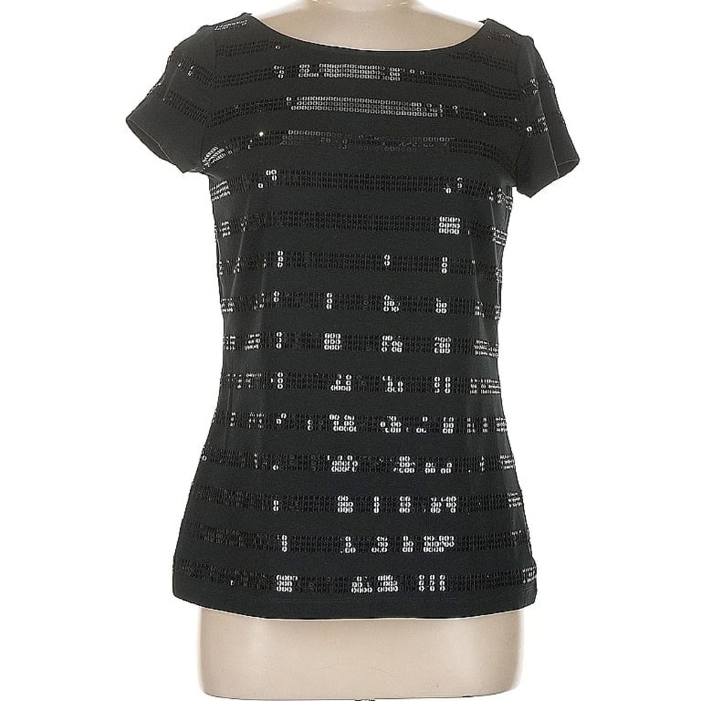 LOFT Black Sequin Short Sleeve Top